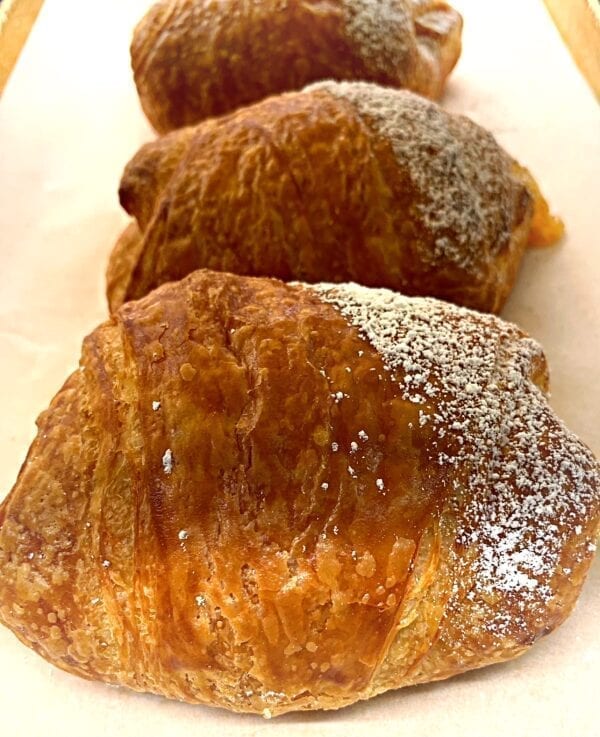 Three pastries are on a plate with powdered sugar.